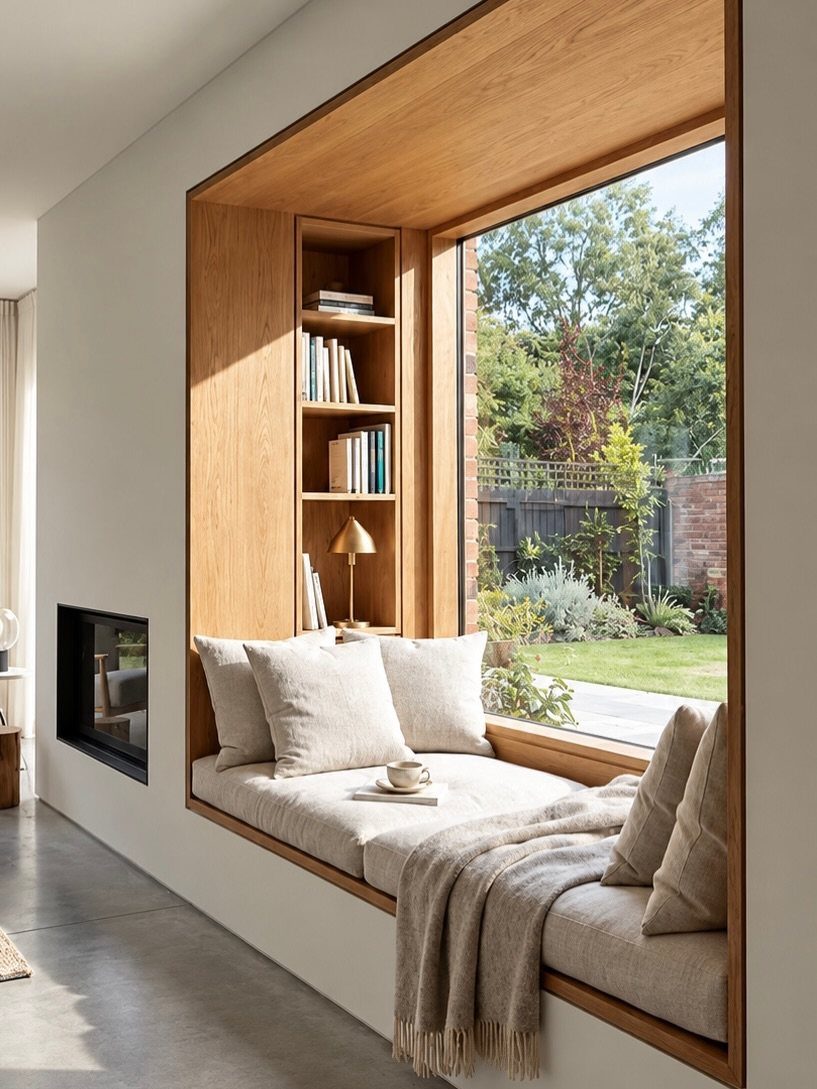 Built-in wooden window seat with beige cushions and integrated shelving overlooking a green garden.
