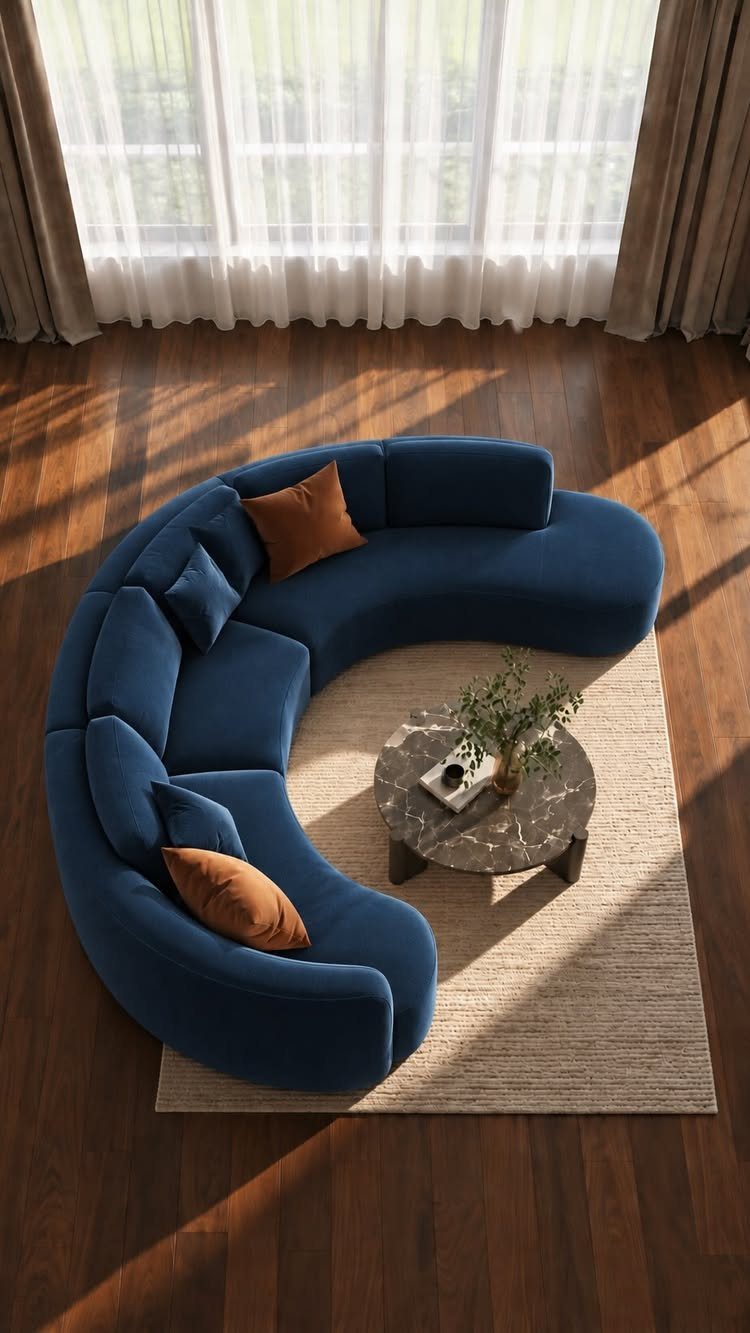 Curved navy blue velvet sofa with a marble coffee table on a beige rug.