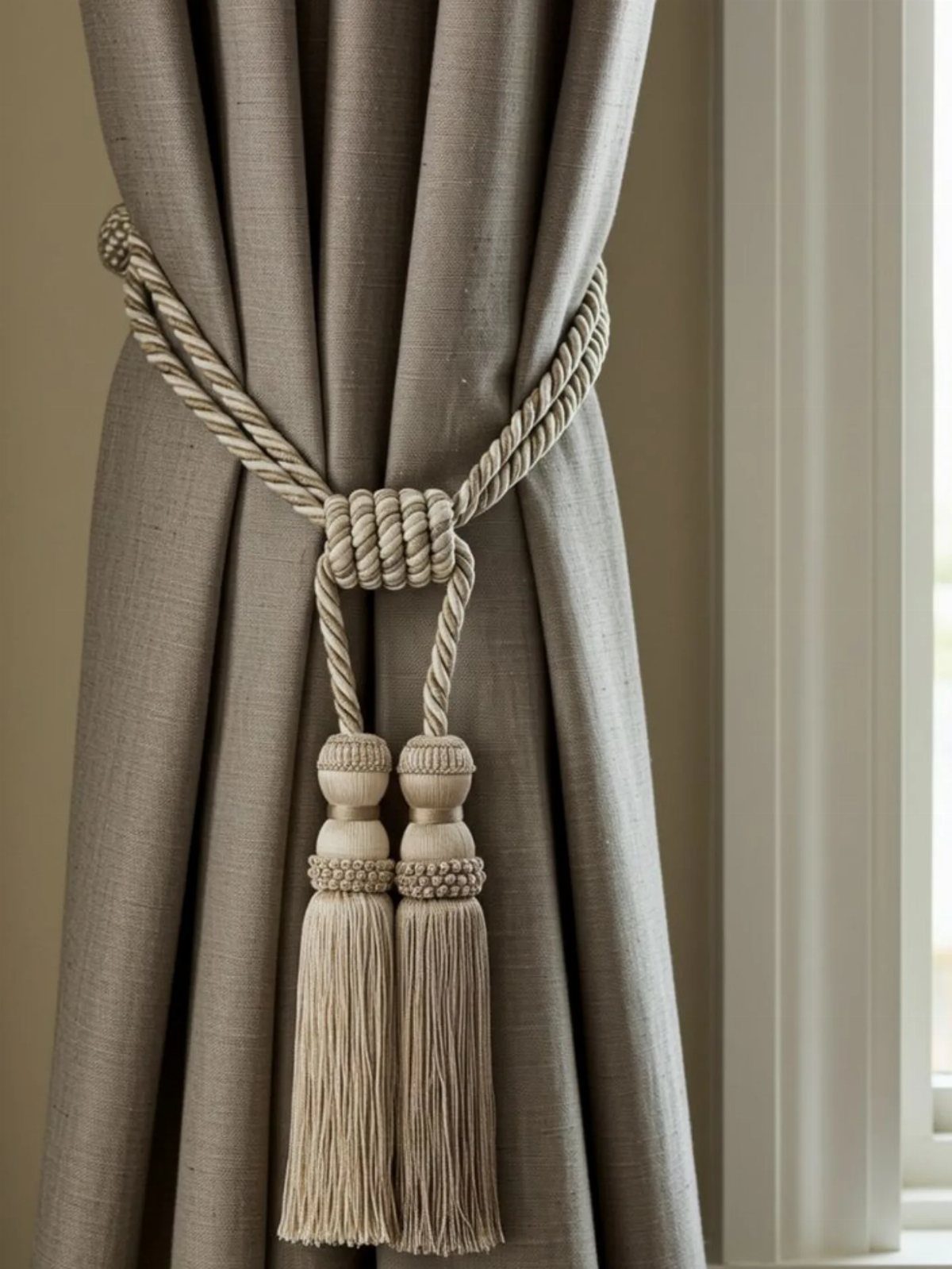 Beige fabric curtains held back by a braided rope tieback with decorative tassels.