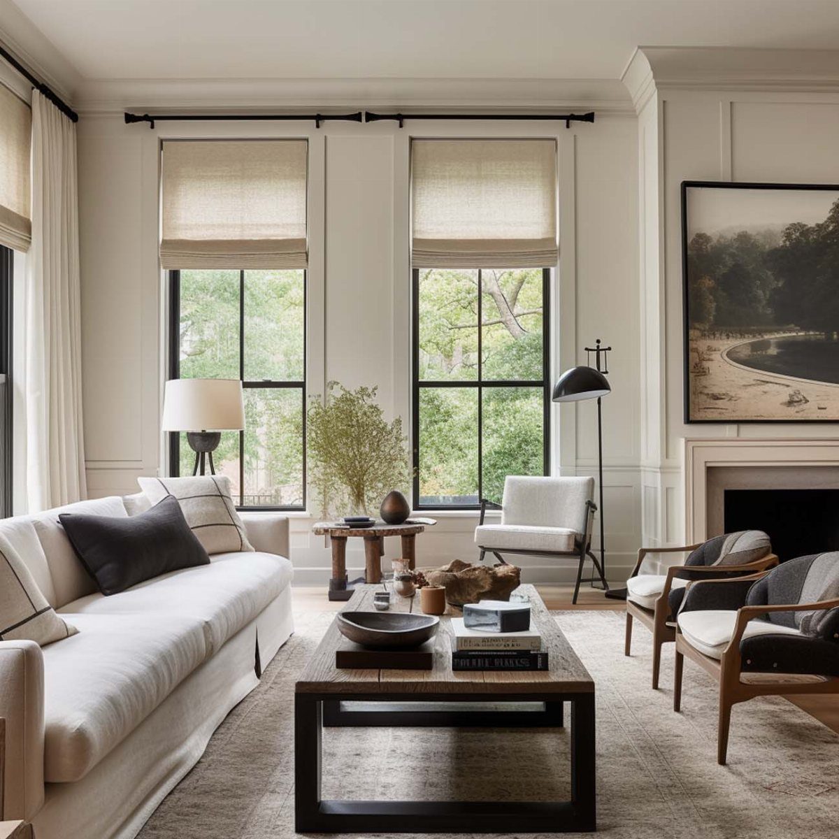 Beige Roman shades on two windows in a modern, neutral-toned living room.