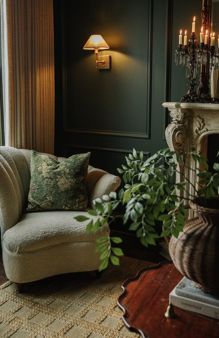 Cream armchair and carved stone fireplace mantel in a dark green room.