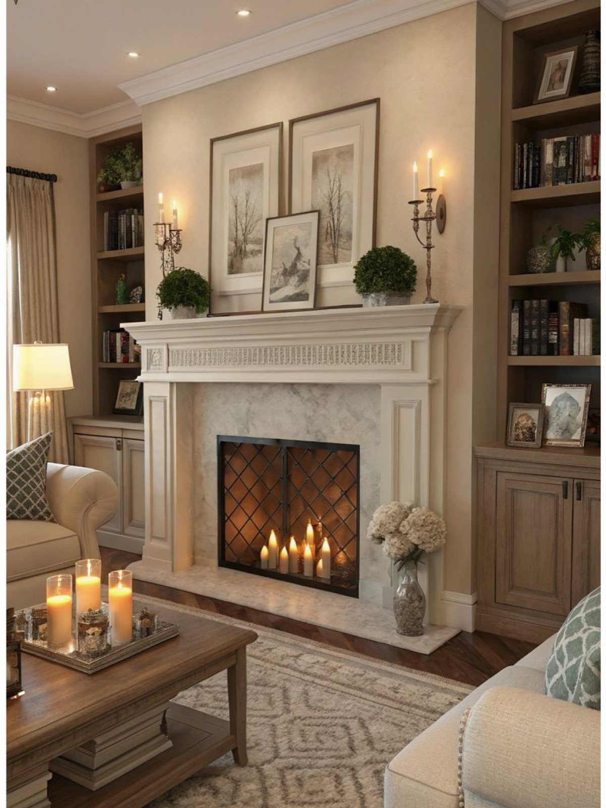 White carved fireplace mantel with marble surround, decorated with art and greenery.