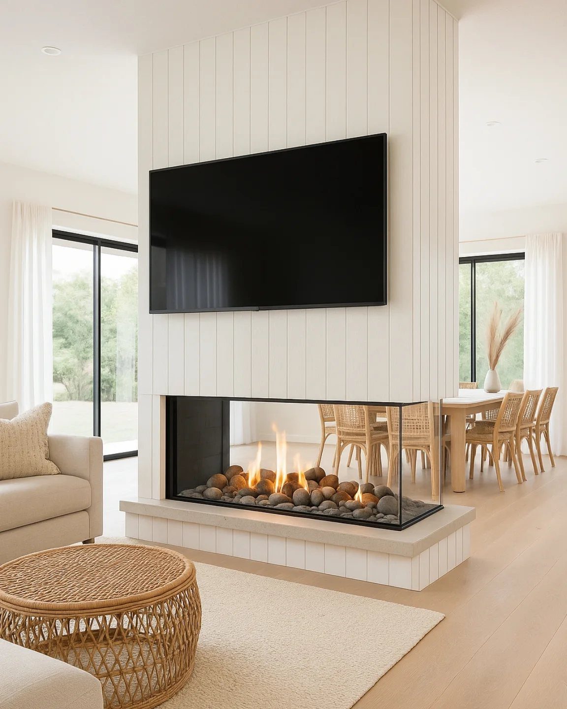 Dual-sided glass fireplace with river stones built into a white paneled wall.