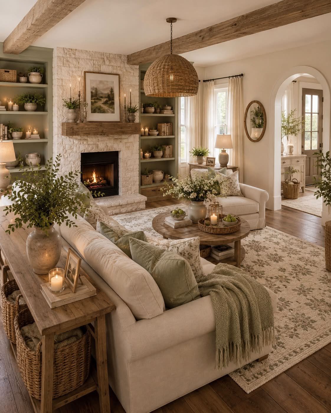 Living room with a stone fireplace and matching black candlesticks on the wooden mantel.