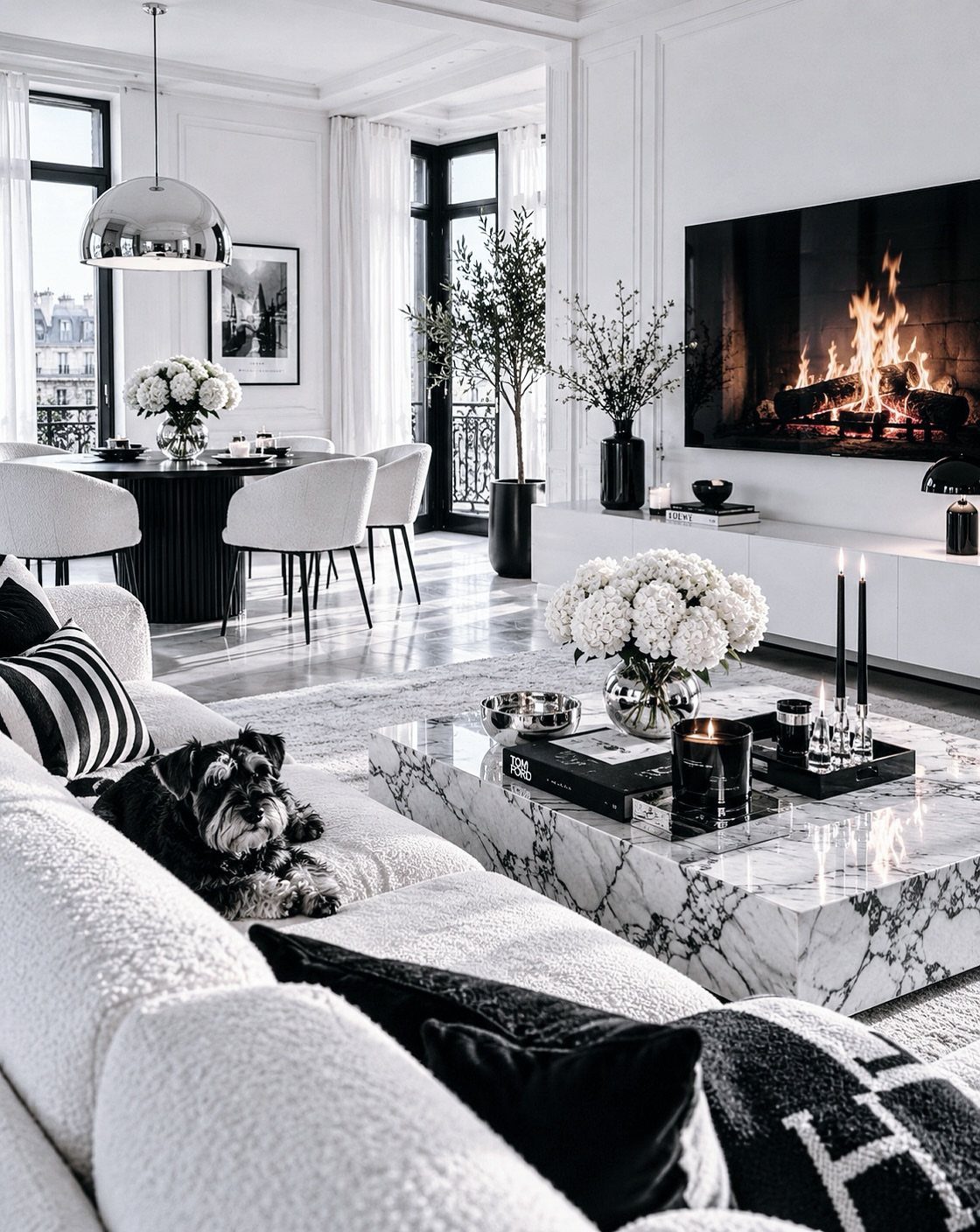 Modern white living room with a black linear fireplace and marble coffee table.
