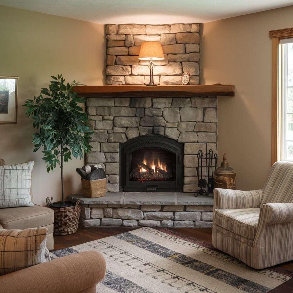 Stone fireplace with wooden mantel and lamp in a cozy living room setting.