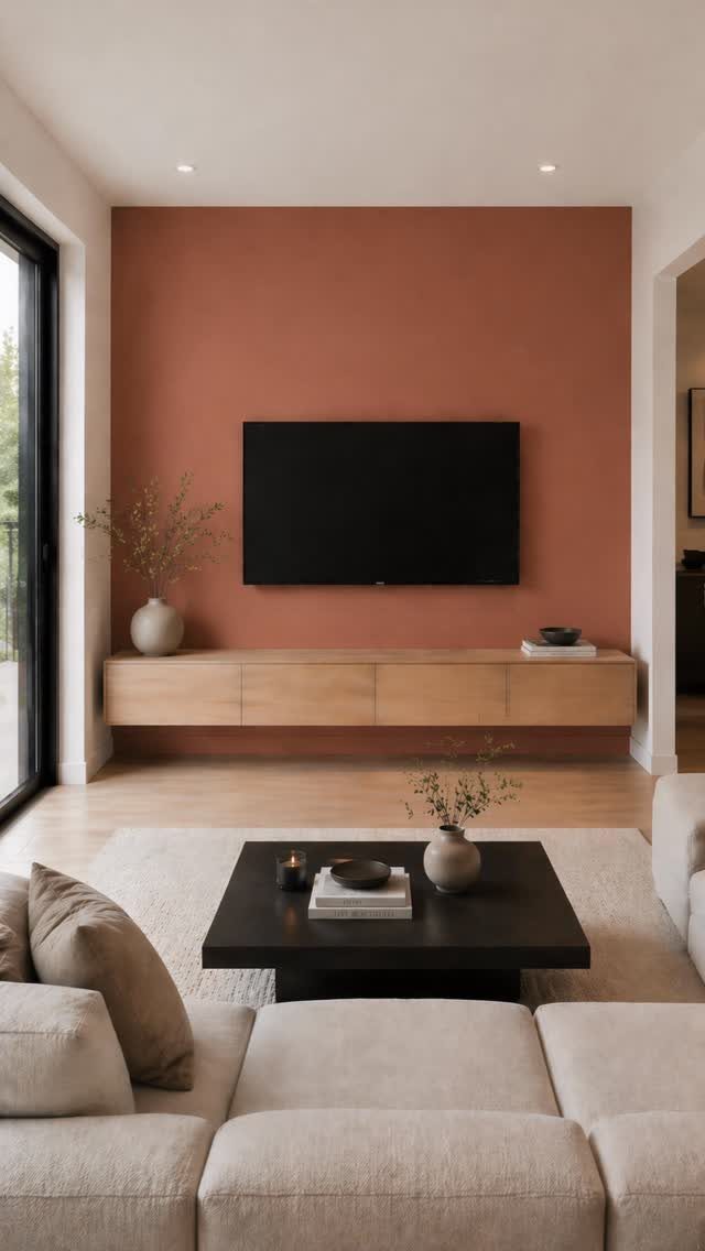 Modern living room with a terracotta accent wall, floating wood console, and beige sofa.