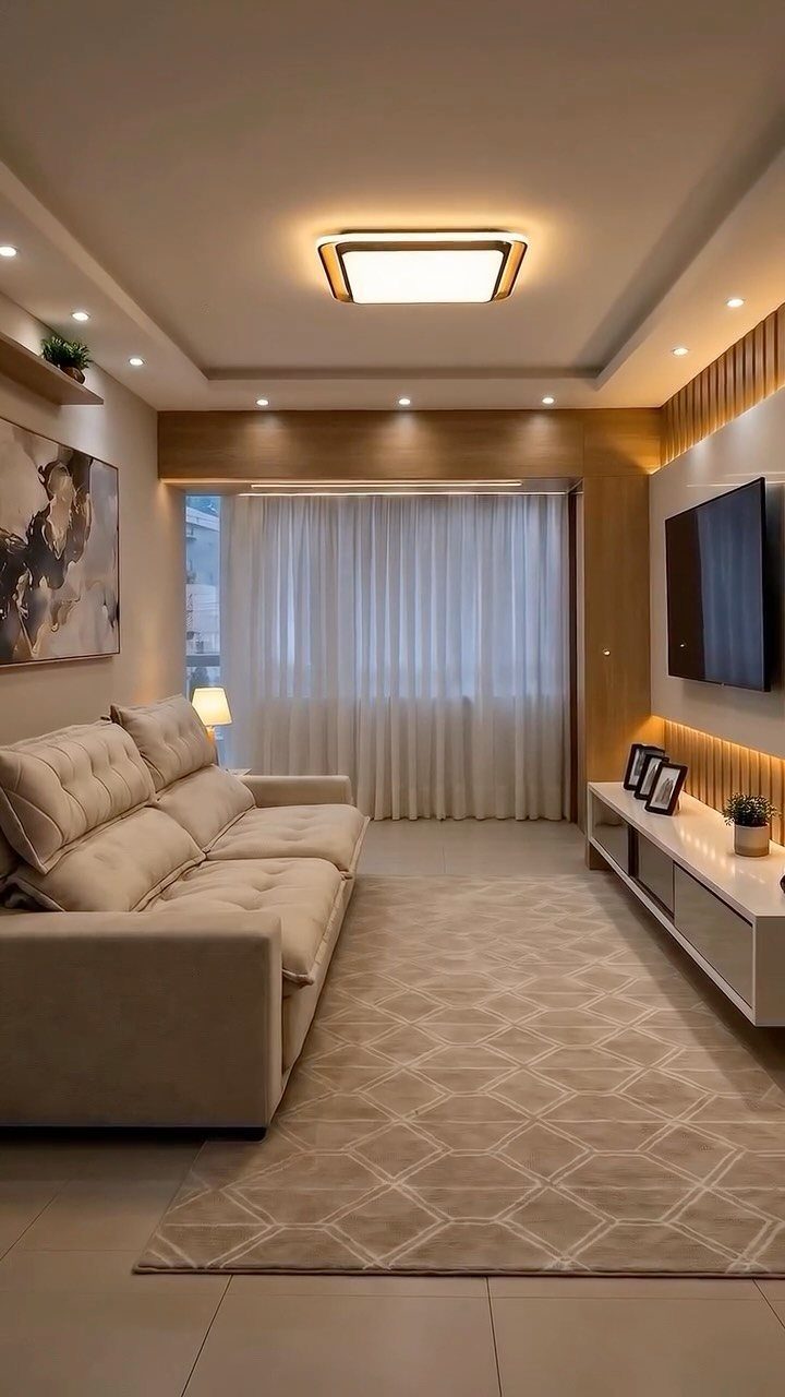 Beige tufted sofa and white TV stand in a narrow modern living room