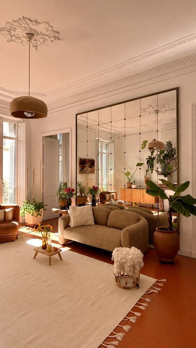 Large grid wall mirror reflecting a beige sofa and plants in a living room.