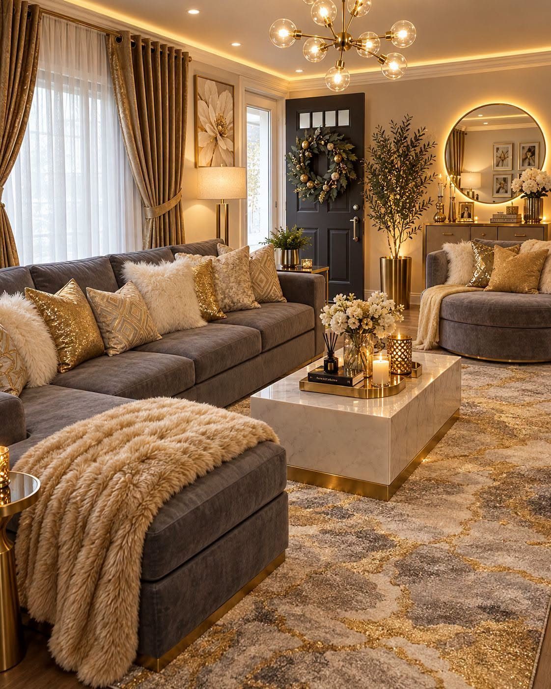 Grey sectional sofa with chaise and marble coffee table in a gold-toned room.