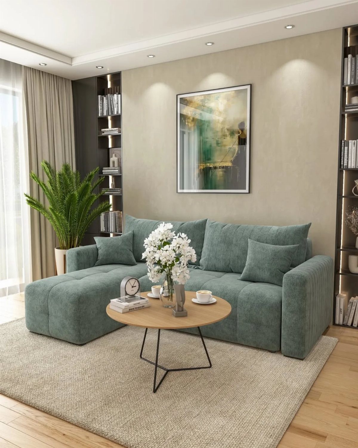Teal sectional sofa and round wooden coffee table on a beige area rug.