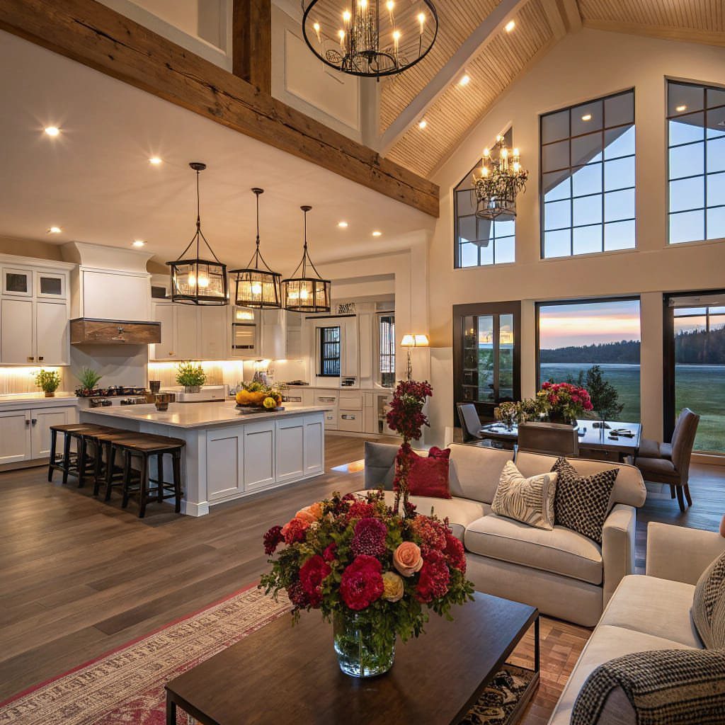 Light-colored sectional sofa and coffee table defining a living area in open-concept room.