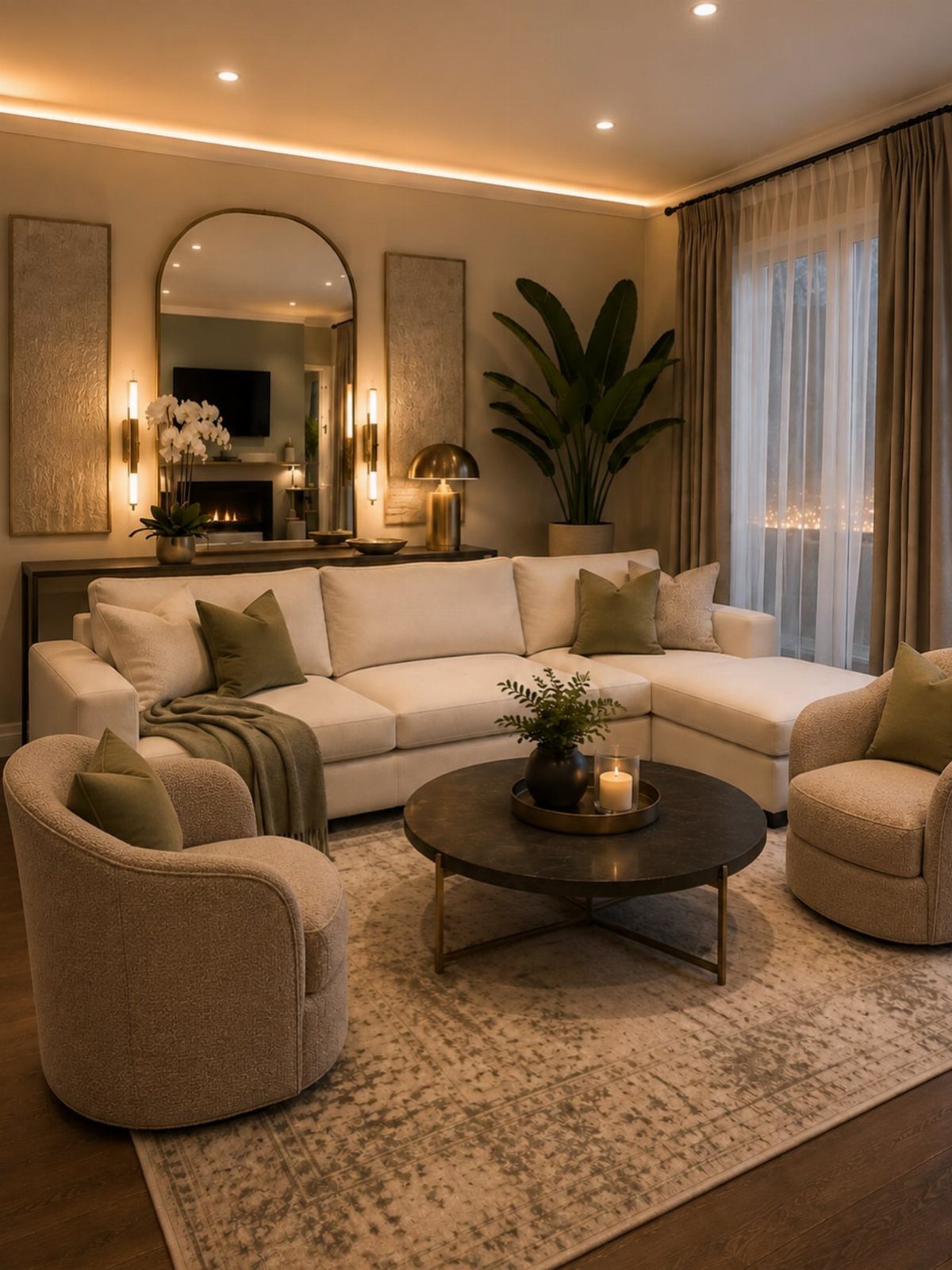 White sectional sofa and two beige armchairs arranged around a round coffee table.