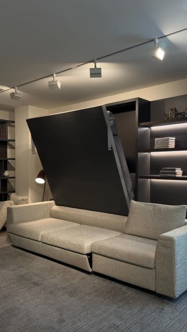 Light grey sofa in front of a partially lowered dark grey Murphy bed.