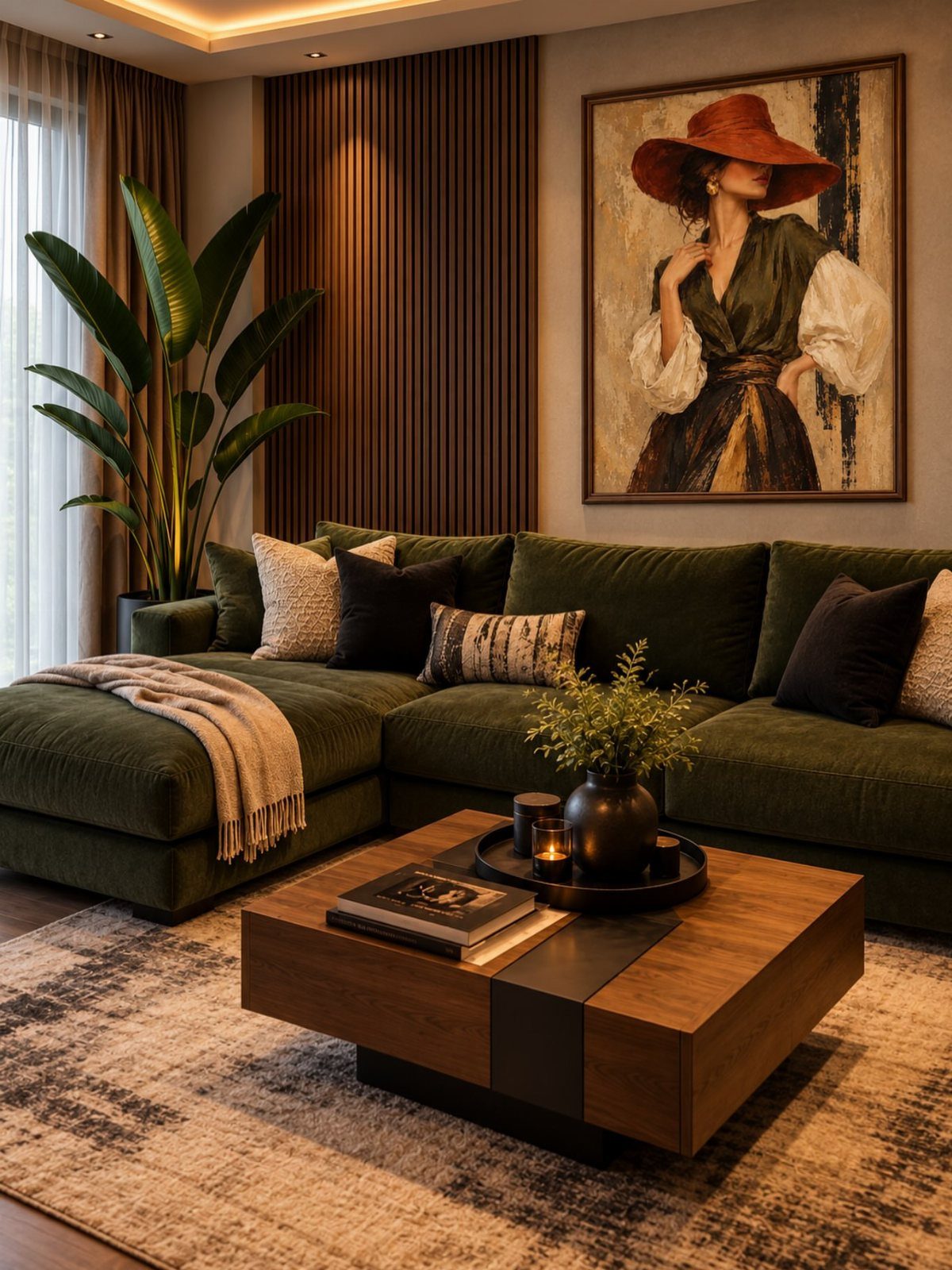 Green sectional sofa and wooden coffee table in a modern living room with artwork.