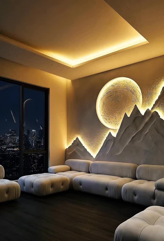 Backlit 3D moon and mountain wall art in a modern living room
