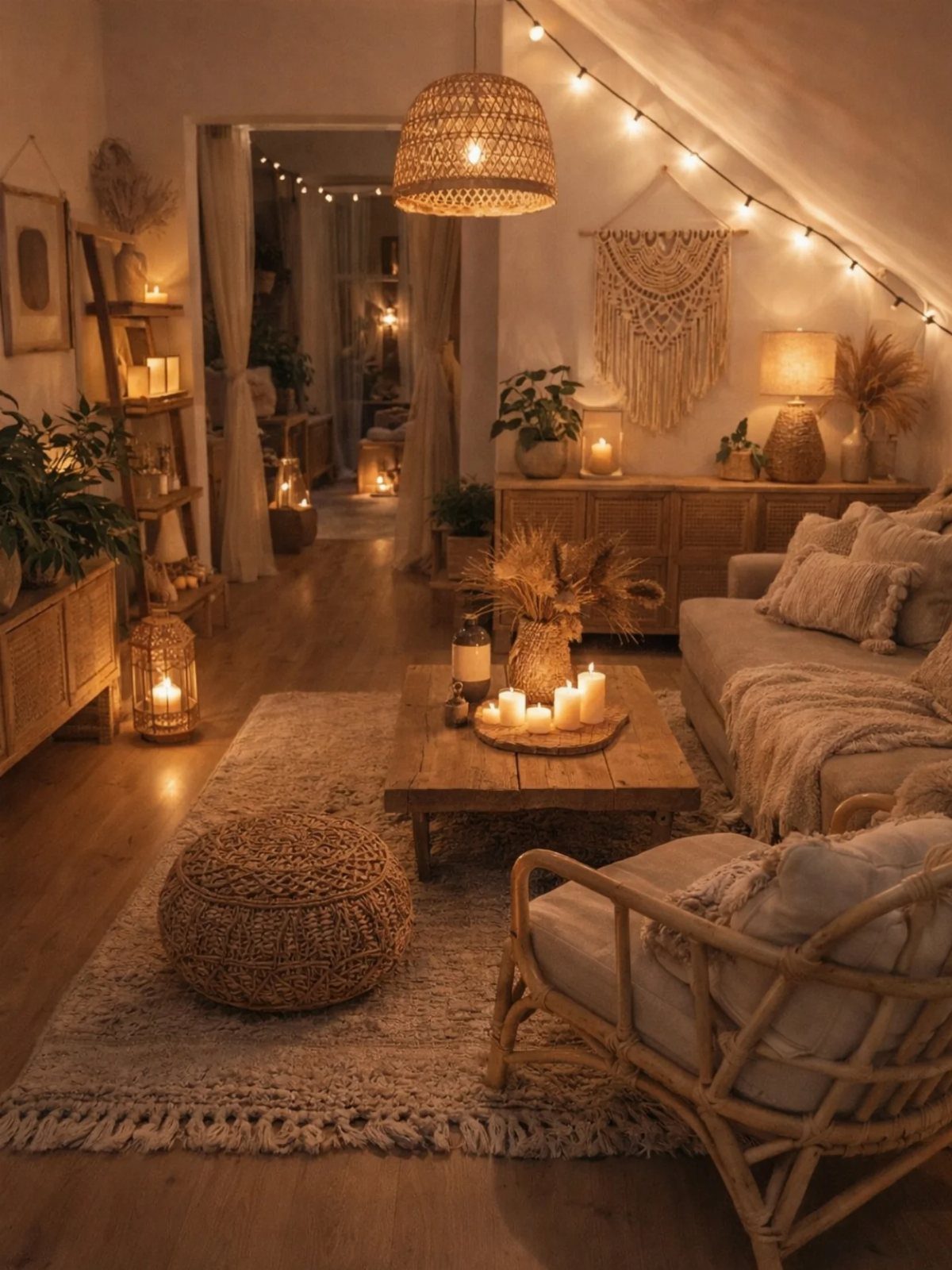 Lit white candles on a wooden coffee table in a cozy bohemian living room.