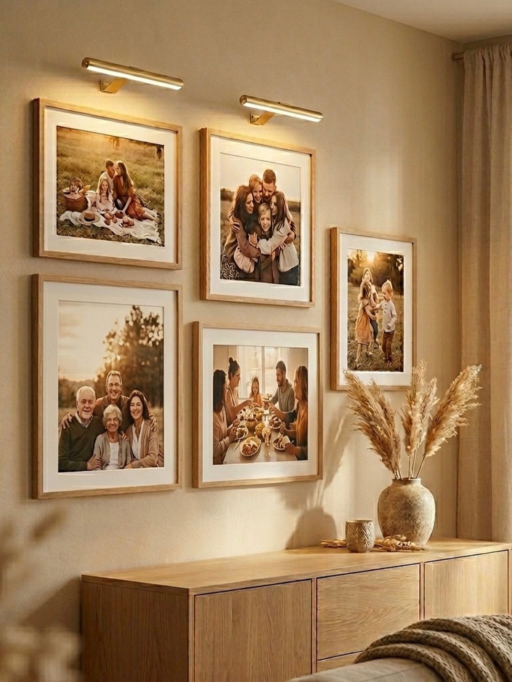 Gold picture lights illuminating framed family photos on a neutral beige wall