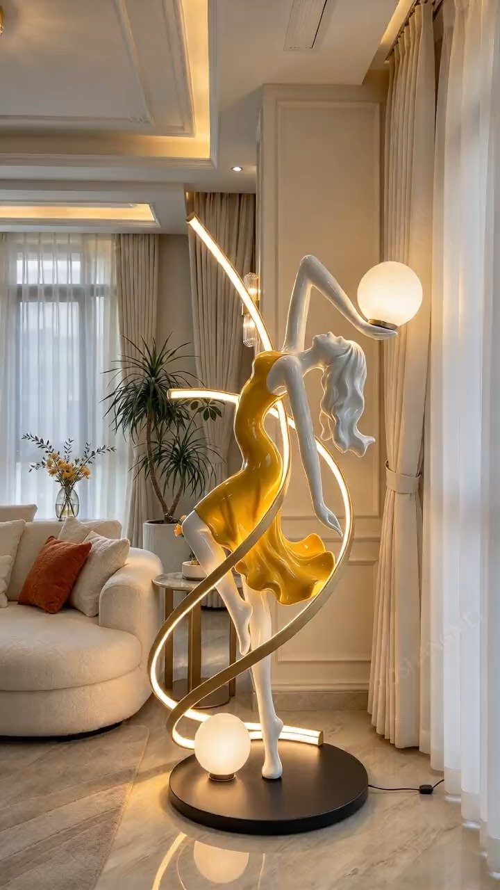 Sculptural floor lamp shaped like a dancing woman in a yellow dress in a living room.