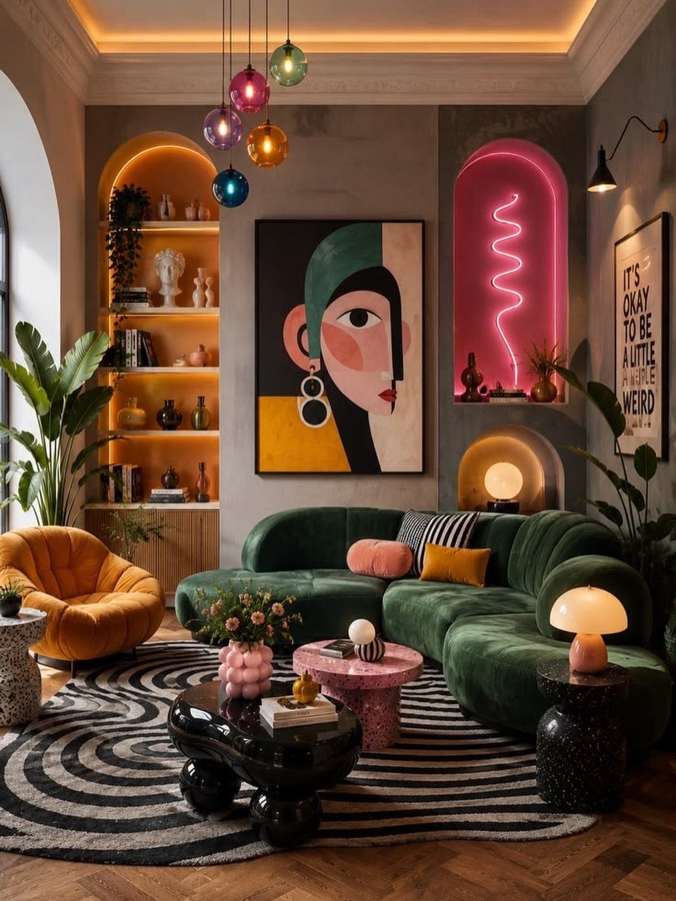 Colorful glass globe pendant lights hanging in a maximalist living room with velvet furniture.