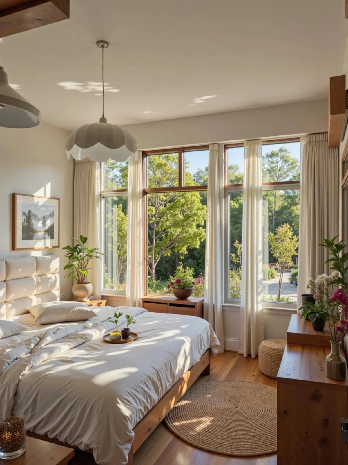 Bed with white linens positioned directly under large windows overlooking a green forest.