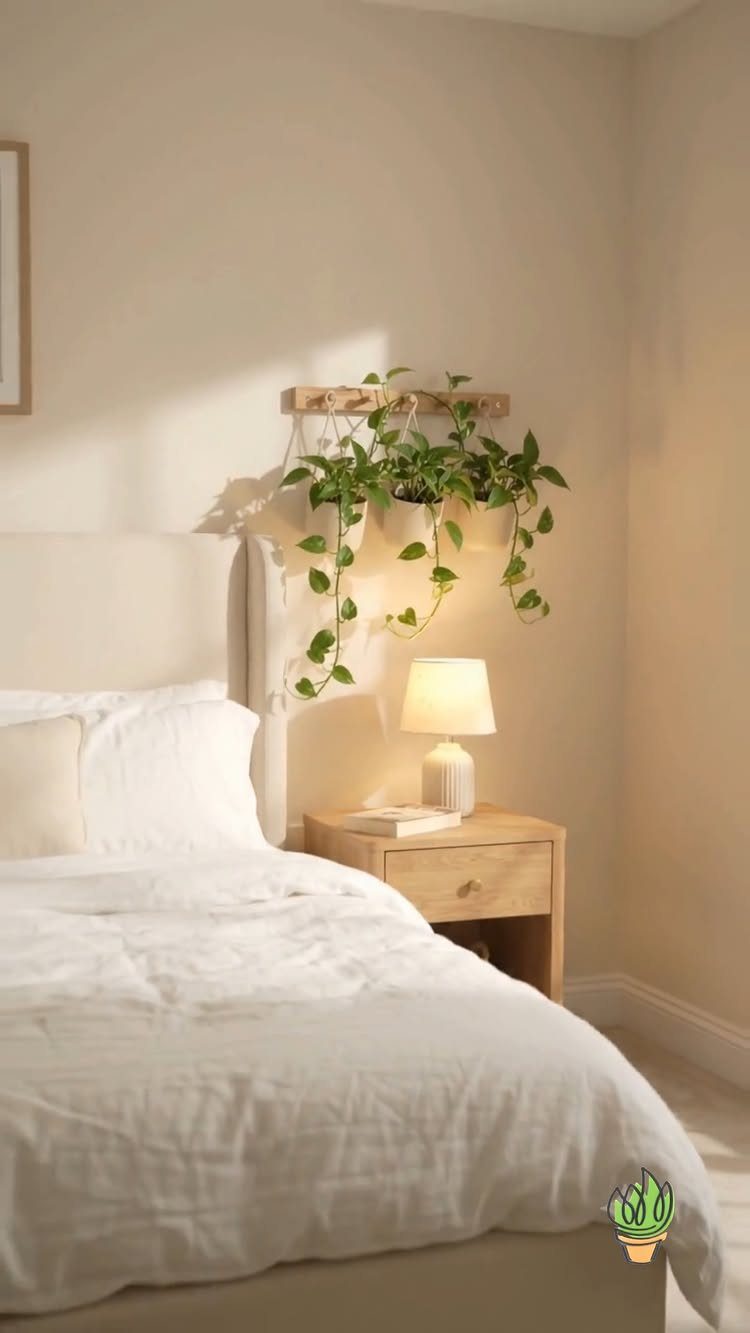 Light wood bedside table with a lamp next to a white bed.