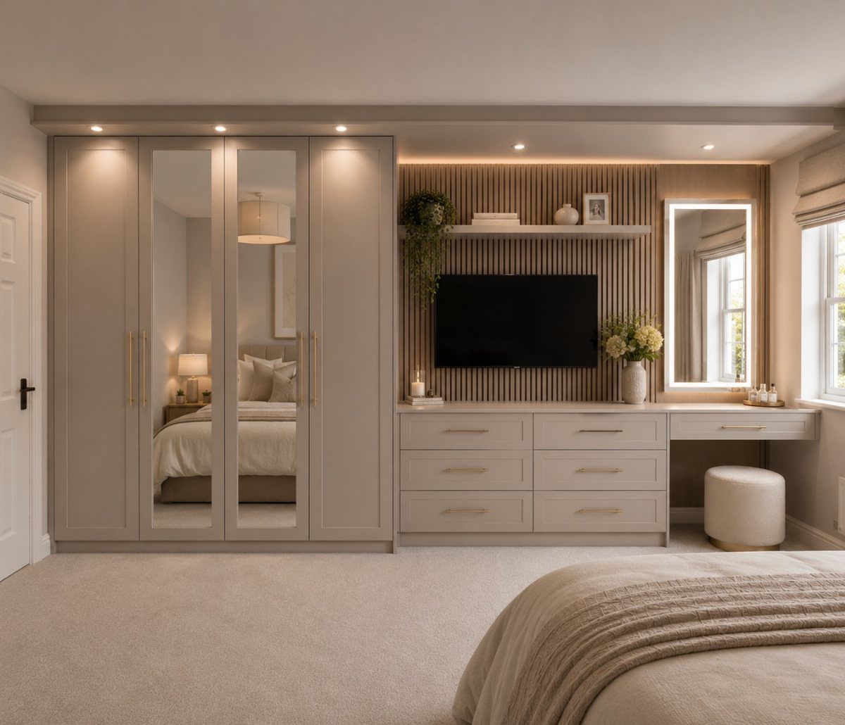 Taupe built-in wardrobes with mirrored doors and matching dresser in a modern bedroom