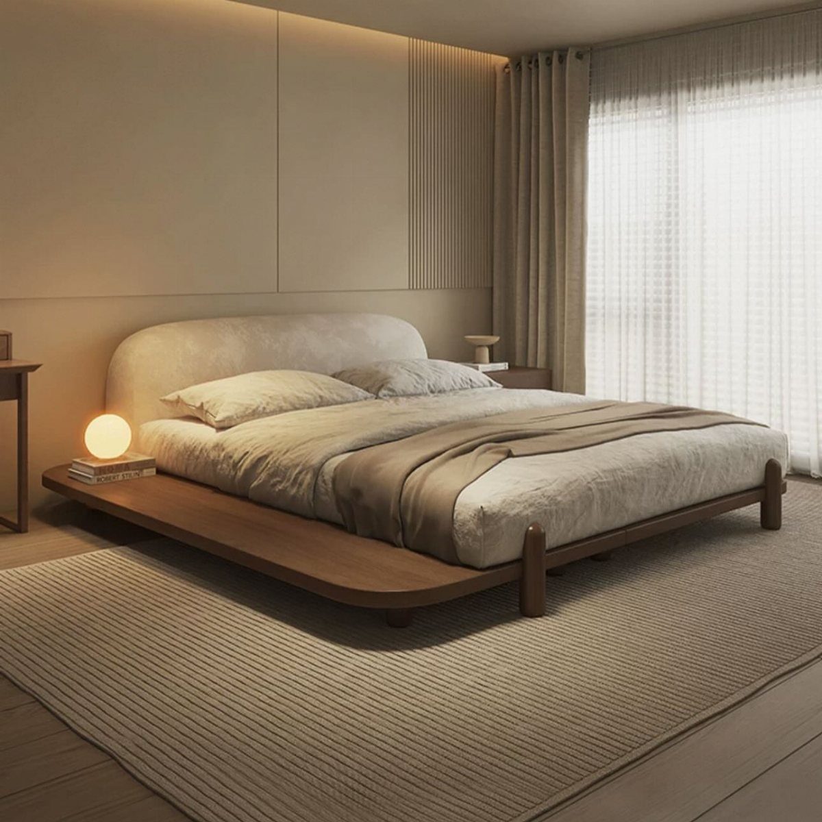 Low-profile wooden platform bed with beige bedding in a minimalist modern bedroom