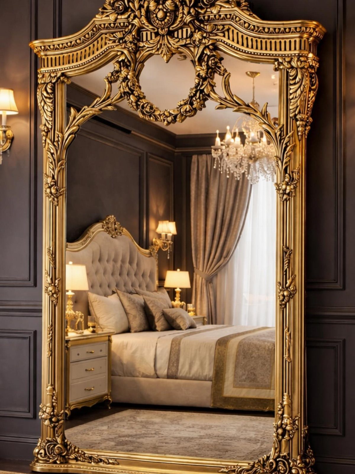Ornate gilded gold mirror reflecting a luxury bedroom with a tufted headboard