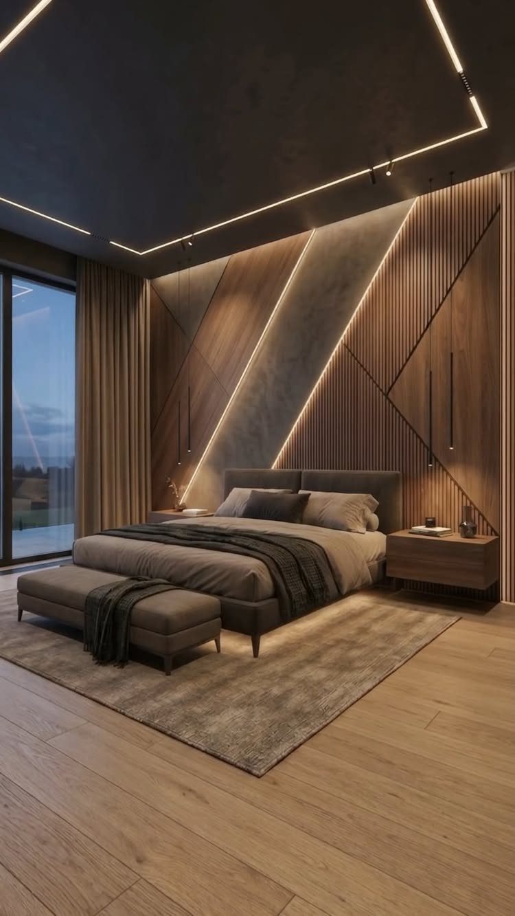 Modern bedroom with integrated ceiling and wall lighting, grey bed, and wood paneling.