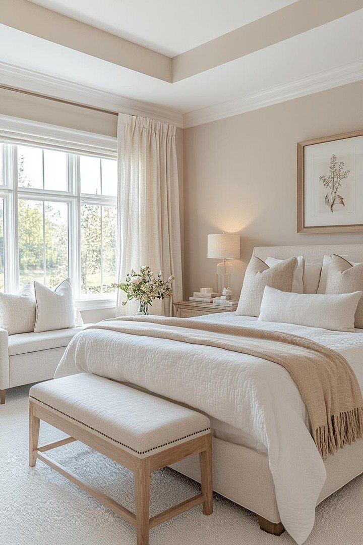 Bright master bedroom with a soft color palette of beige, cream, and white.