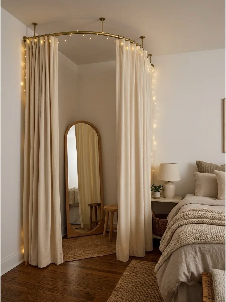 Cream curtain panels on a curved gold rod enclosing a bedroom closet area.