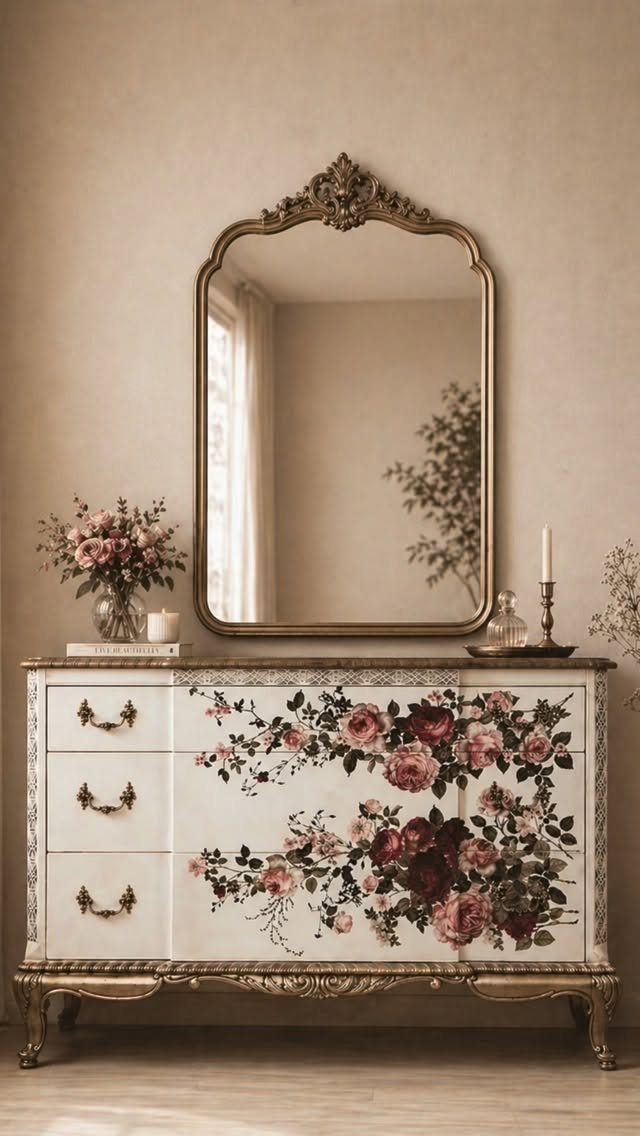 Vintage white dresser with pink floral paintings and an ornate gold mirror above.