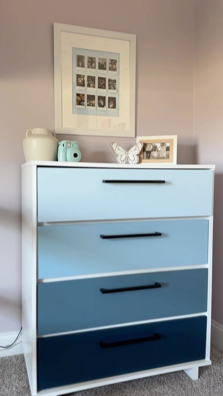 White dresser with blue ombre gradient drawer fronts and black handles.