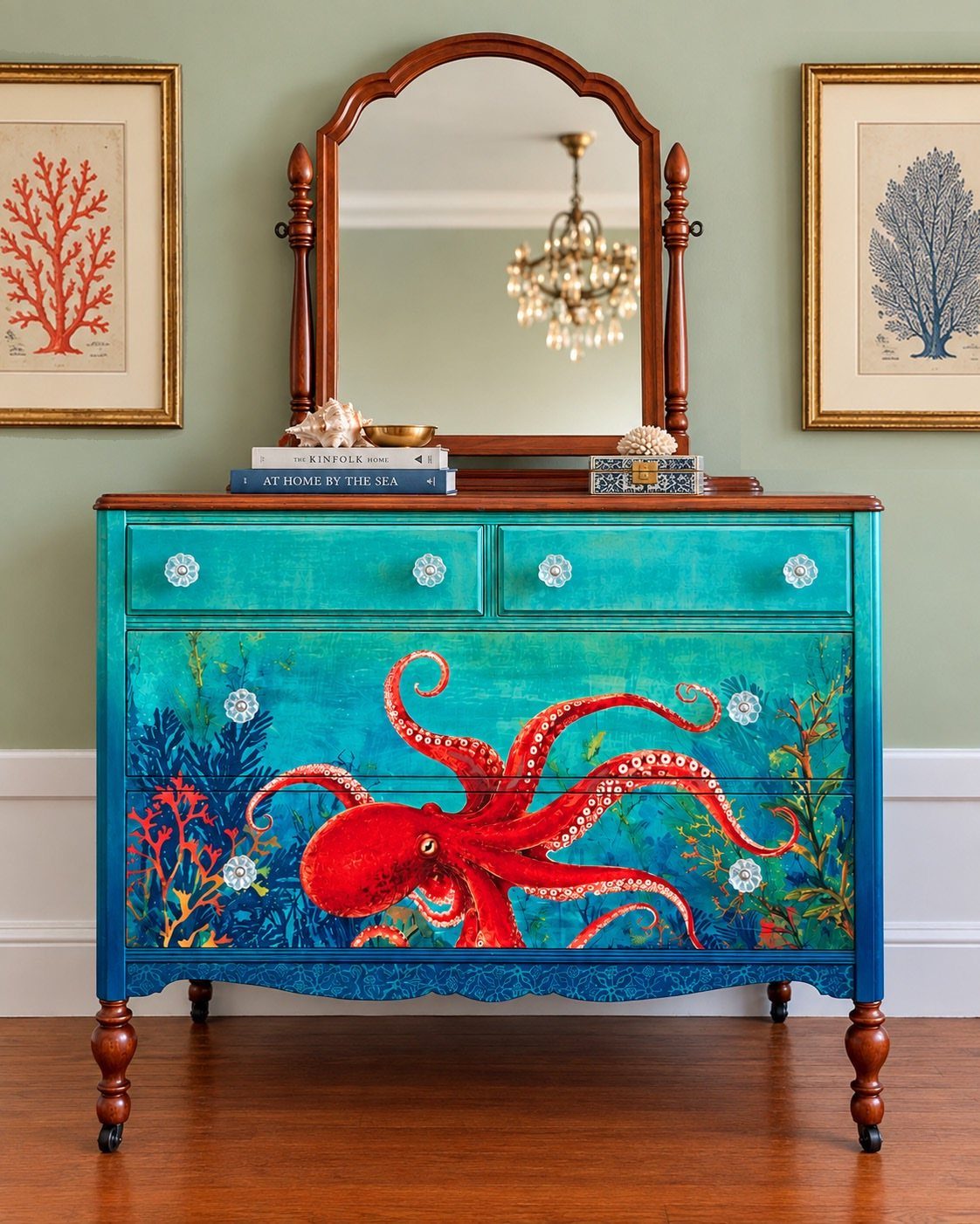 Painted dresser featuring a large red octopus and blue ocean scene with coral.