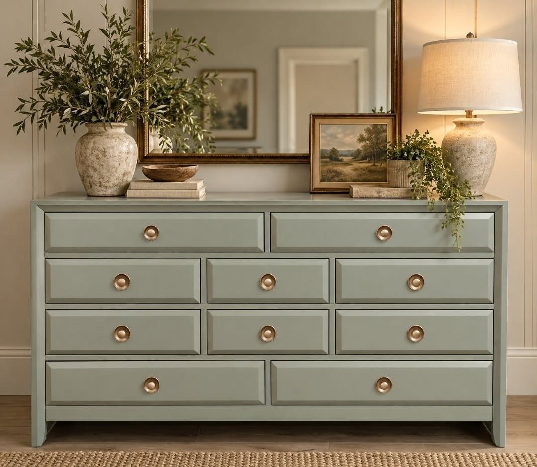 Sage green dresser with gold knobs and decorative items on top.