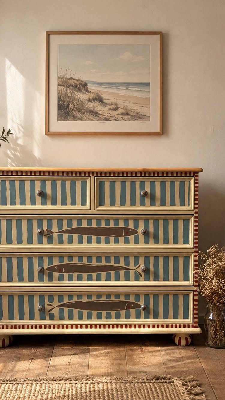 Striped painted dresser with fish motifs and a beach painting hanging above it.