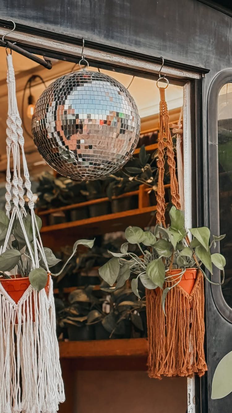 Potted plants in macrame hangers and a disco ball hanging in a doorway