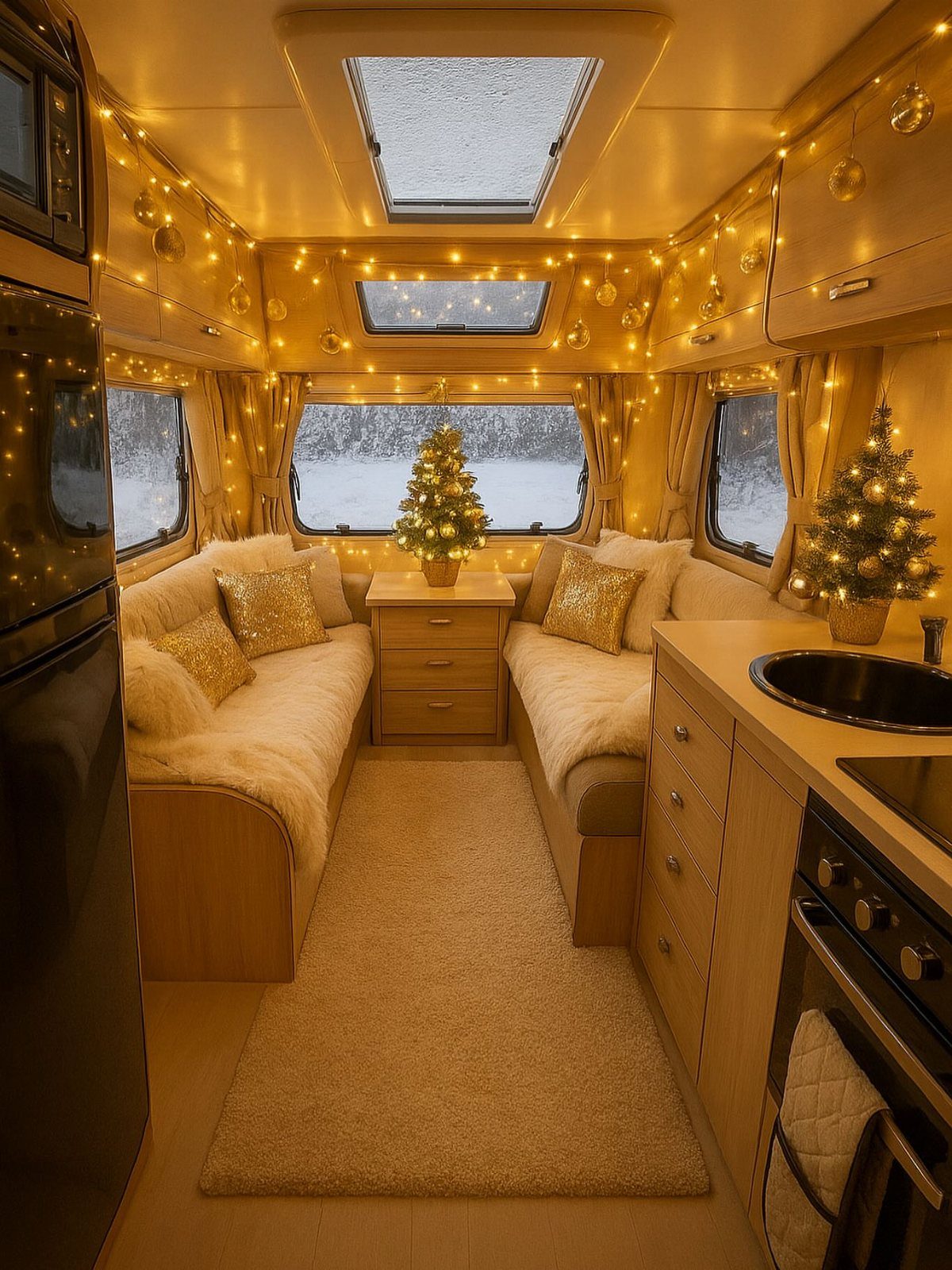 Cozy RV interior with warm string lights, Christmas trees, and gold throw pillows.