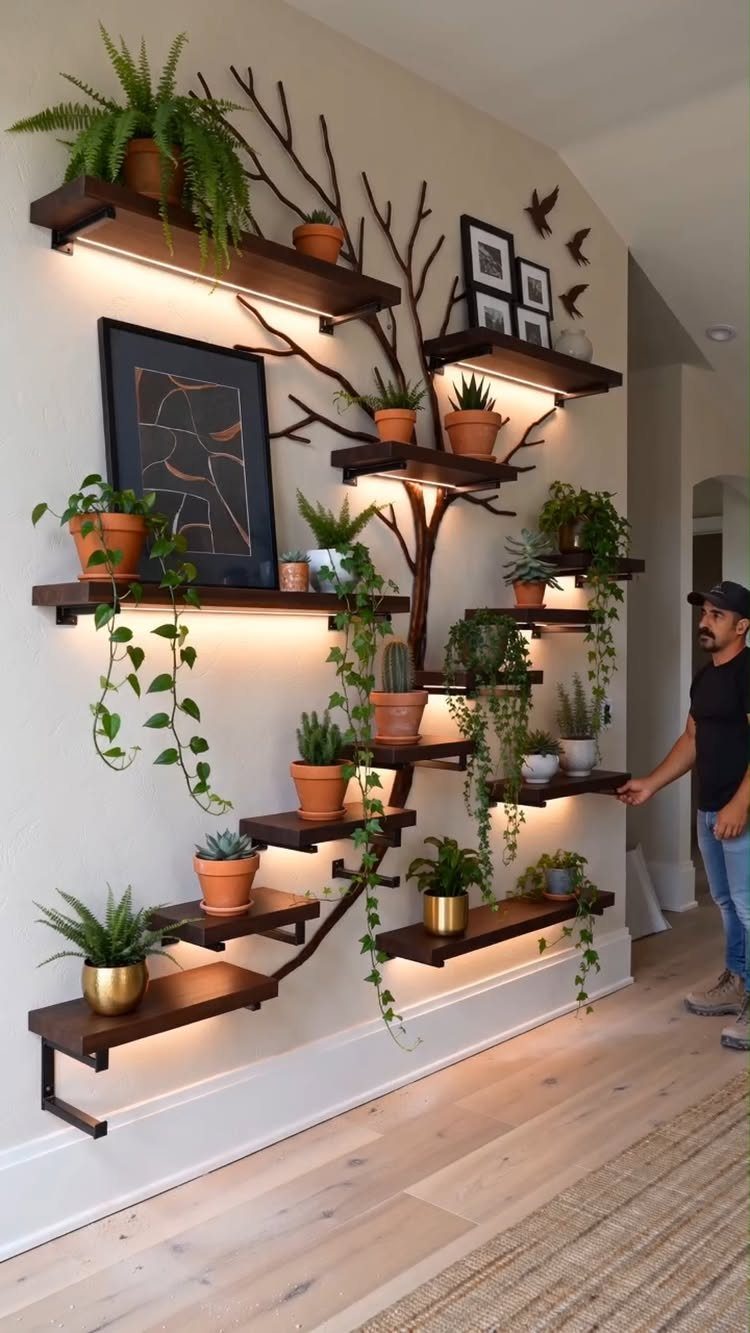 Tree-shaped wall shelves with potted plants and framed artwork on a neutral wall.