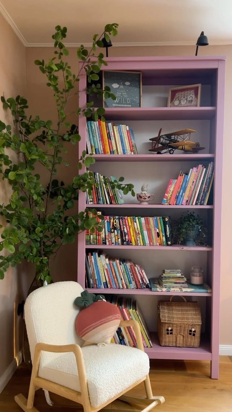 Purple bookshelf filled with colorful children's books, a model airplane, and a green plant.