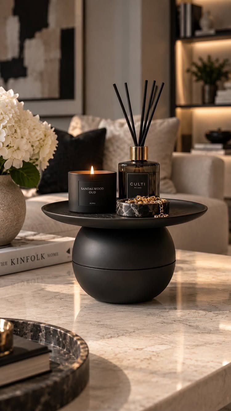 Black pedestal tray with candle and diffuser on a white marble tabletop.