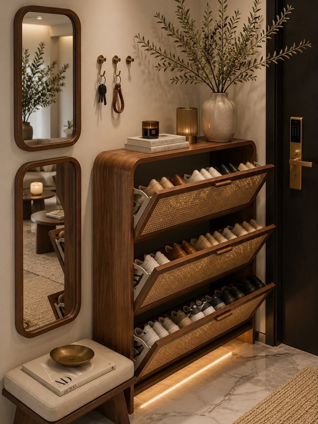 Wooden shoe cabinet with wicker pull-down drawers in a modern entryway setting.