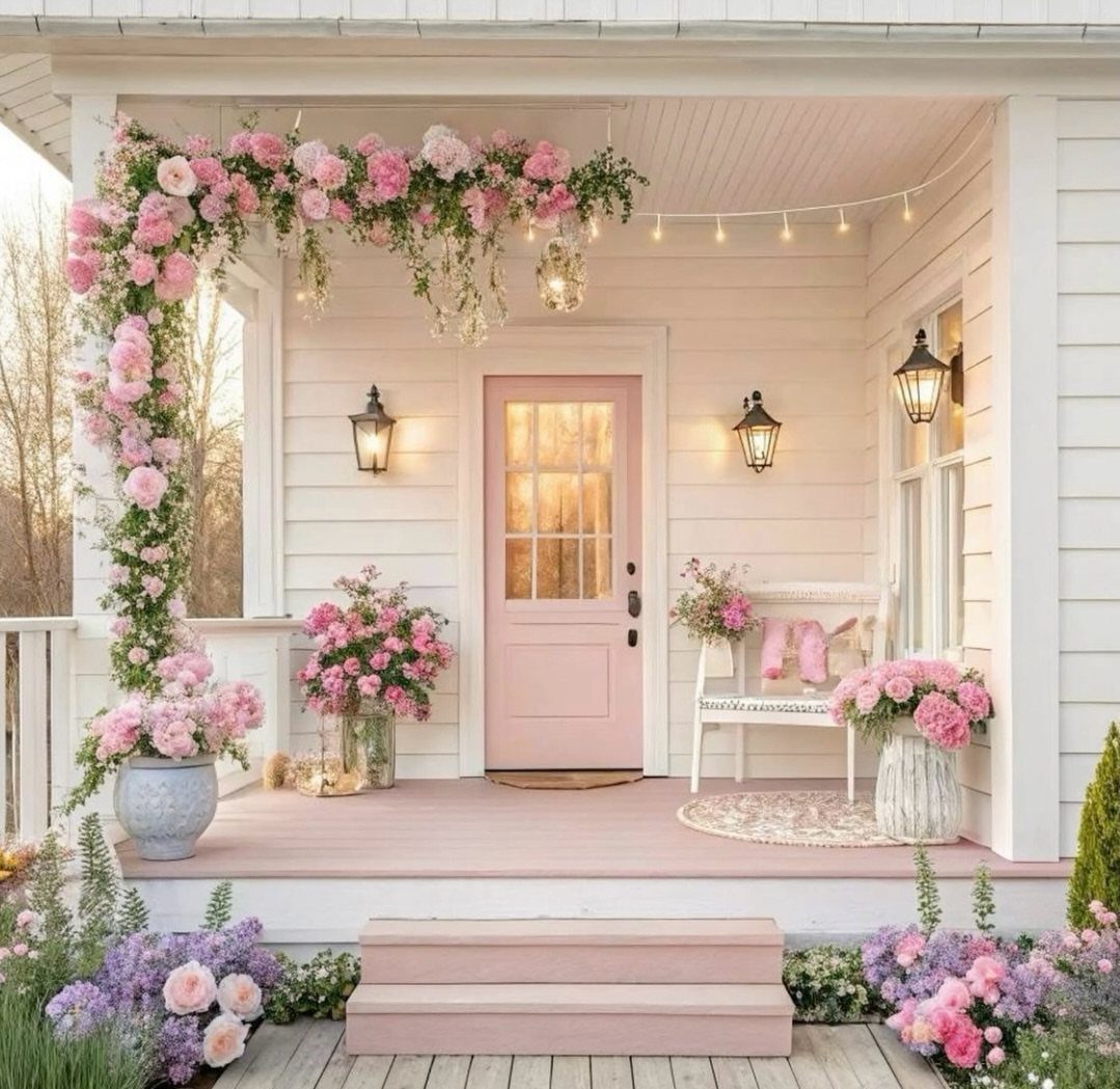 Small pink porch featuring a white wooden bench and lush pink floral decorations.