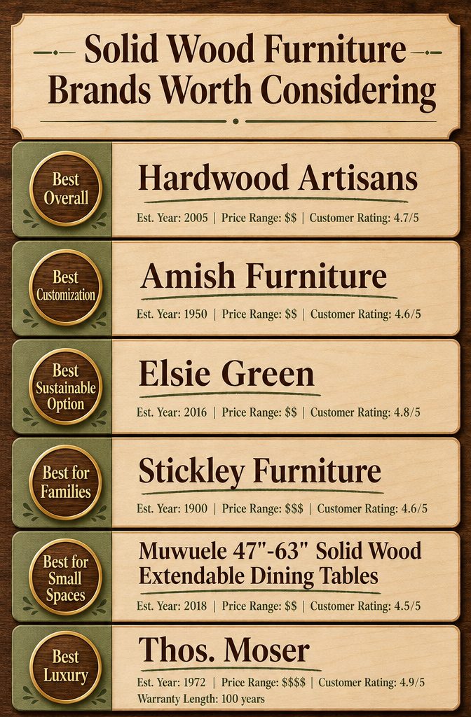Infographic comparing solid wood furniture brands with product details