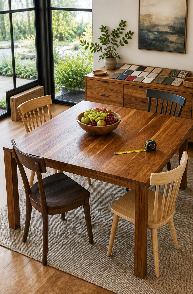 Bright, spacious room showcasing various solid wood furniture pieces