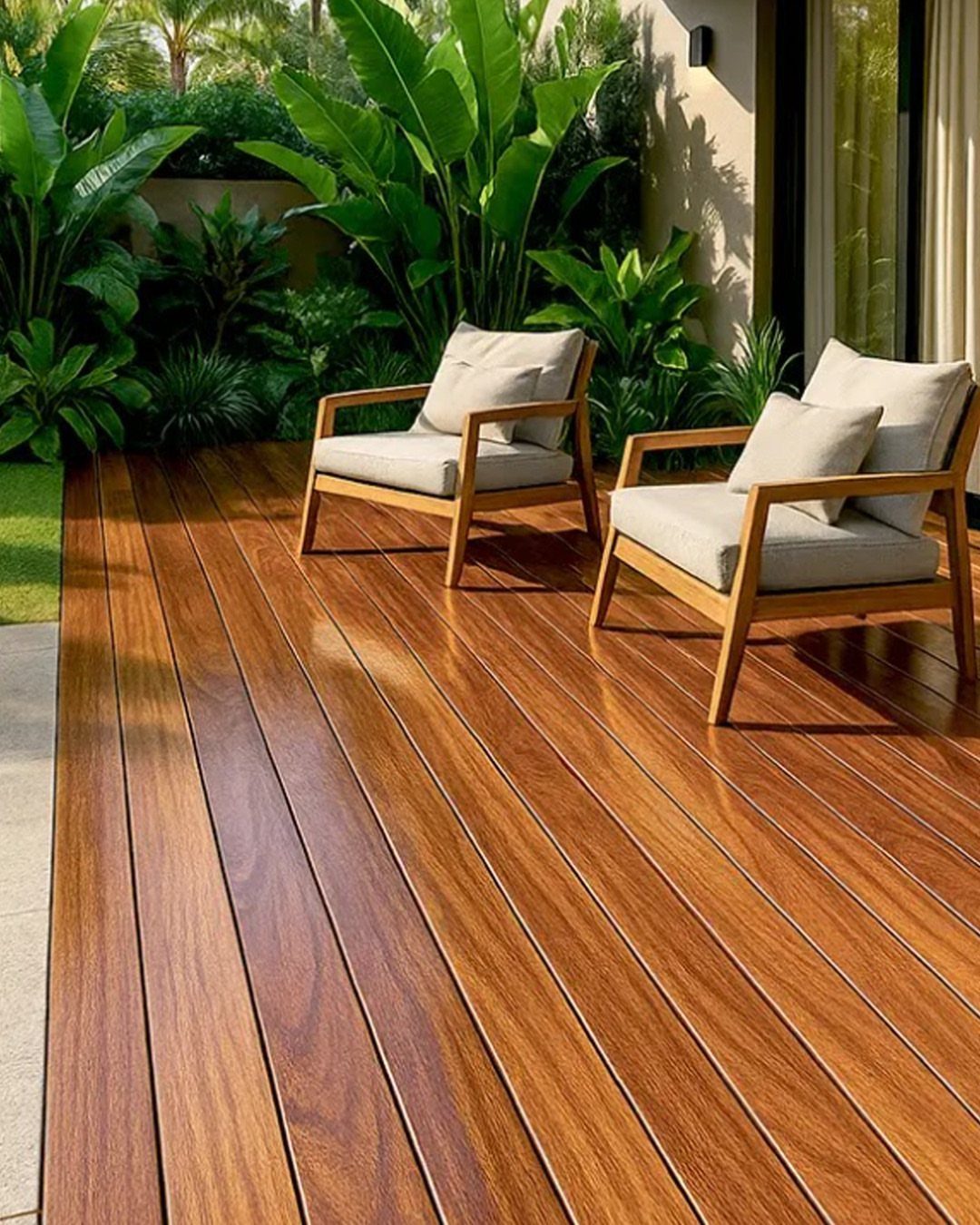 Two wooden armchairs with grey cushions on a polished teak wood deck