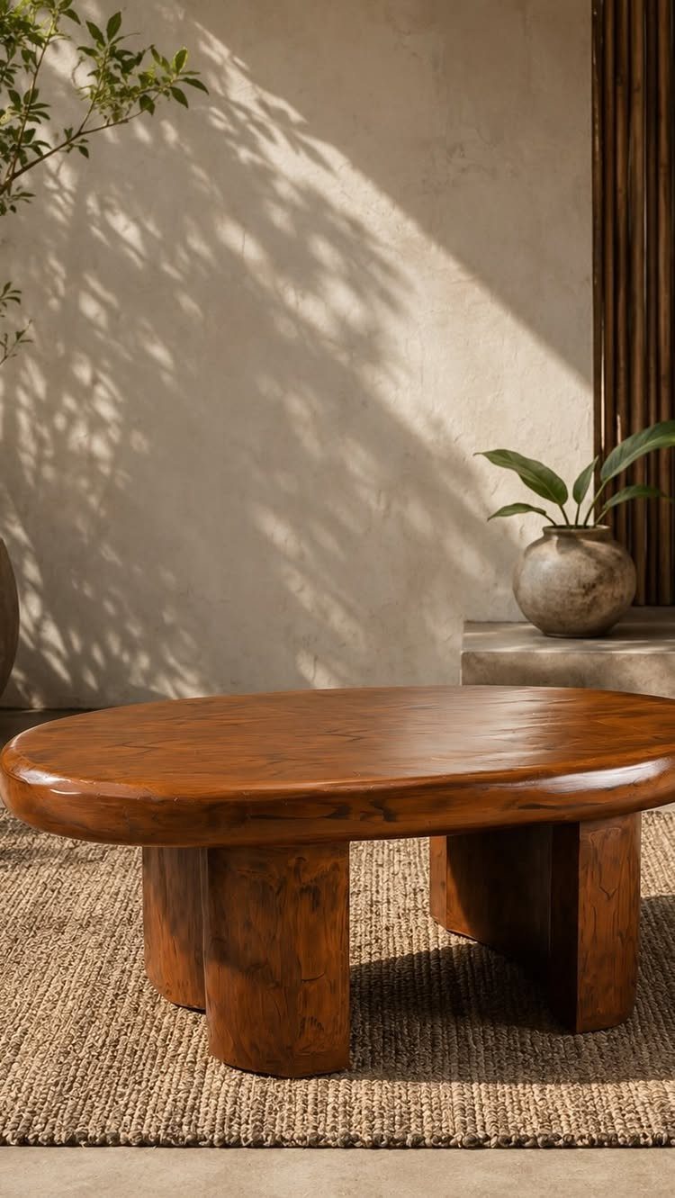Oval wooden coffee table with thick legs on a brown jute rug
