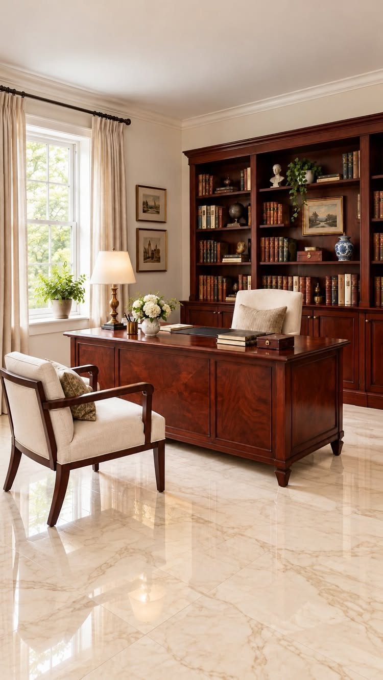 Dark wood executive desk and white armchair in a home office with bookshelves.