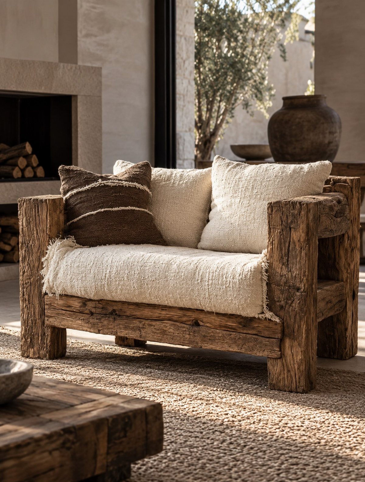 Rustic wooden accent chair with cream cushions and brown pillows on a beige rug